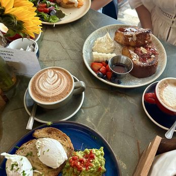 Grounded Coffee - Mocha Latte, Poached eggs on toast with avocado and sausage, French toast, and Eggs Benedict - Breakfast & Brunch Near Me - London, XGL