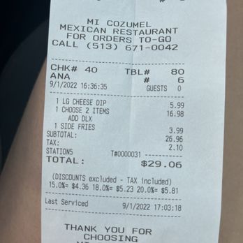 Mi Cozumel - Our receipt - Mexican Near Me - Cincinnati, Ohio