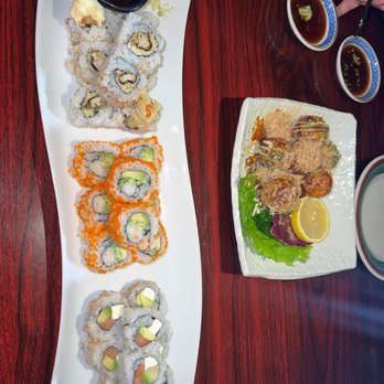 Sada Sushi & Izakaya - top to bottom: Sada roll, golden California roll and Alaskan roll with takoyaki - Sushi Bars Near Me - Corvallis, Oregon Sada Sushi & Izakaya - top to bottom: Sada roll, golden California roll and Alaskan roll with takoyaki - Sushi Bars Near Me - Corvallis, Oregon