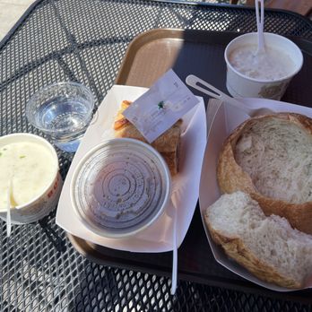Bistro Boudin - Half a sandwich with cup of soup and the clam chowder bread bowl with the chowder outside the bowl (easier to take the leftover bread home!) - Bakeries Near Me - San Francisco, California