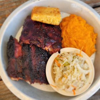 12 Bones Smokehouse RIVER - Half rack of baby back ribs with great slaw and sweet mashed potatoes with cornbread. This meal filled me up! - Barbeque Near Me - Asheville, North Carolina