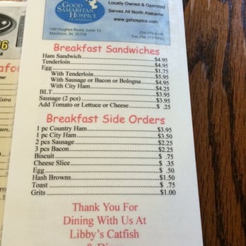 Libby's Catfish & Diner - Menu - Breakfast sandwiches - Diners Near Me - Priceville, Alabama