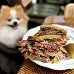 Super Mensch - The Super Mensch: Giant pastrami on rye, spicy brown mustard ($39)