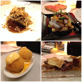 Bar del Pla - t.l.: crispy beef with foie de gras, t.r.: sardines, bl: squid croquets, br: scallops - Tapas Bars Near Me - Barcelona, B Bar del Pla - t.l.: crispy beef with foie de gras, t.r.: sardines, bl: squid croquets, br: scallops - Tapas Bars Near Me - Barcelona, B