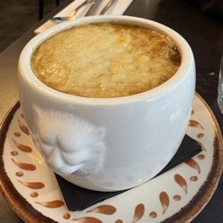 French onion soup, yummy, loads of cheese, rich broth