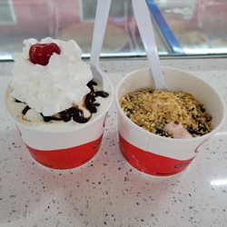 Sweet Lickz - Mom's hot fudge sundae on the left, and my scoop of cherry ice cream with hot fudge & peanuts on the right. ~$15 total