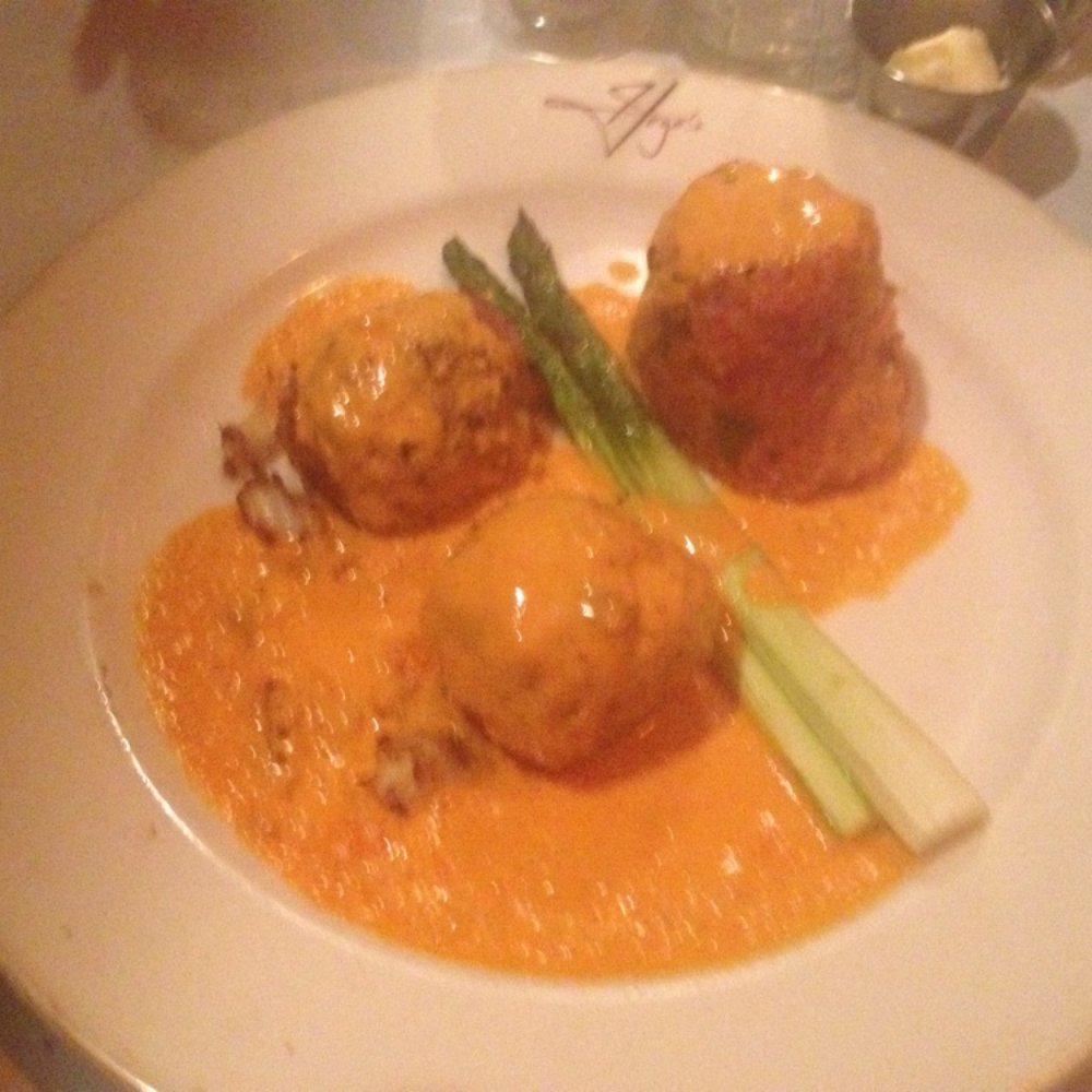 Hege's - Crab cakes in red pepper sauce with red rice and asparagus - French Near Me - Johns Island, South Carolina Hege's - Crab cakes in red pepper sauce with red rice and asparagus - French Near Me - Johns Island, South Carolina