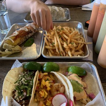 Taco Azul - Vegetarian burrito, elote, fries, chorizo taco, shrimp taco and grilled fish taco. - Mexican Near Me - Whitestone, New York Taco Azul - Vegetarian burrito, elote, fries, chorizo taco, shrimp taco and grilled fish taco. - Mexican Near Me - Whitestone, New York