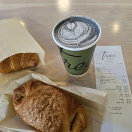 Cheese & Ham Croissant, Butter Croissant, and Black Sasame Latte. Cheese & Ham Croissant, Butter Croissant, and Black Sasame Latte.