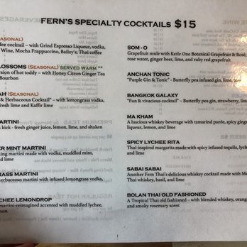 Fern Thai on Main - Cocktails menu (January 2022) - Thai Near Me - Bellevue, Washington
