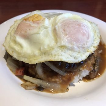 Eggs 'n Things - Waikiki Beach Eggspress - Hawaiian Loco Moco: a beef patty served over white rice topped with brown gravy, 2 eggs, Portuguese sausage & sautéed onions & mushrooms - Breakfast & Brunch Near Me - Honolulu, Hawaii Eggs 'n Things - Waikiki Beach Eggspress - Hawaiian Loco Moco: a beef patty served over white rice topped with brown gravy, 2 eggs, Portuguese sausage & sautéed onions & mushrooms - Breakfast & Brunch Near Me - Honolulu, Hawaii