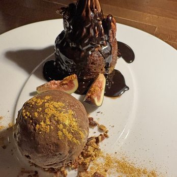 Anixi - Mejhdool date cake with chocolate "cream cheese" filling, figs, chocolate "ice cream" with gold dust. - Vegan Near Me - New York, New York