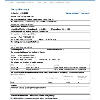 Ox Car Care - Statutory Agent Info - Auto Insurance Near Me - Irvine, California