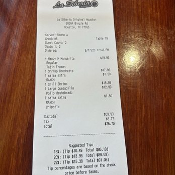 La Siberia Original - Receipt - Mexican Near Me - Houston, Texas La Siberia Original - Receipt - Mexican Near Me - Houston, Texas
