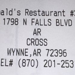 McDonald's - Wynne McDonald's information, as recently (~ August 2026) updated on their cash register receipts.