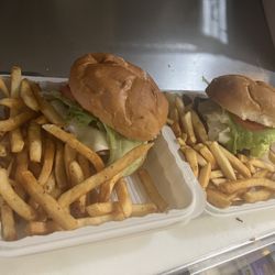 Cheese burger French fries lettuce and tomatoes