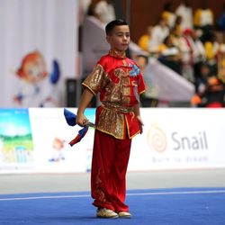 American Wushu Academy - 8 yr old student preforming in Emeishan, China with Double Daggers.  Won BRONZE medal in his tough division.