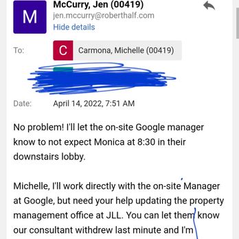 Robert Half - First part of the passive aggressive email sent to me by email. - Employment Agencies Near Me - San Francisco, California