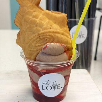 With Love, - Girardelli Chocolate soft serve with red bean filled taiyaki - Ice Cream & Frozen Yogurt Near Me - San Gabriel, California With Love, - Girardelli Chocolate soft serve with red bean filled taiyaki - Ice Cream & Frozen Yogurt Near Me - San Gabriel, California