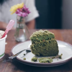 Devon Cafe - Matcha sponge cake with matcha fudge and matcha crumble