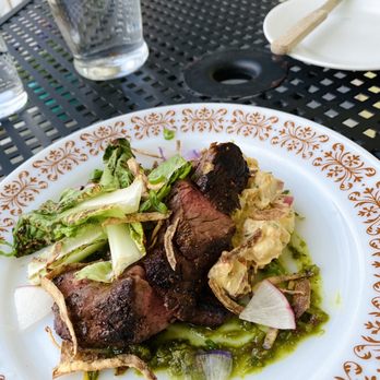 Copper Crown - Bison Hanger Steak with Potato Salad, Romaine Hearts, and other magical elements. This was a small plate! - New American Near Me - Asheville, North Carolina