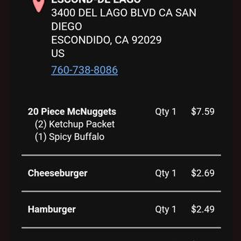 McDonald's - McDonald order they canceled and didn't give my money back for. - Burgers Near Me - Escondido, California McDonald's - McDonald order they canceled and didn't give my money back for. - Burgers Near Me - Escondido, California