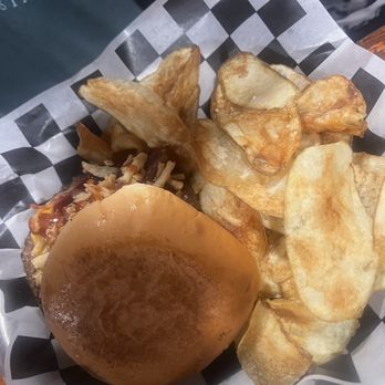 The Station on 29th - bbq cheddar burger with homemade chips - Barbeque Near Me - Bryan, Texas The Station on 29th - bbq cheddar burger with homemade chips - Barbeque Near Me - Bryan, Texas