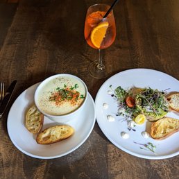 Seafood chowder (in a deep bowl), tuna tartare and Aperol spritz as the drink. Seafood chowder (in a deep bowl), tuna tartare and Aperol spritz as the drink.