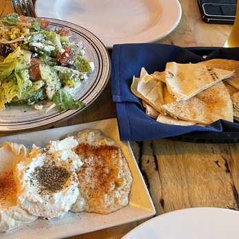 Kalimera - Greek salad w lots of dry mint and a tiny hummus/babaganous/yogurt - Mediterranean Near Me - South Miami, Florida Kalimera - Greek salad w lots of dry mint and a tiny hummus/babaganous/yogurt - Mediterranean Near Me - South Miami, Florida
