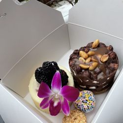 Sinners & Saints Desserts Venice - Goat Cheese Blackberry Cheesecake; Smack Pie; Milk Chocolate Cardamom Truffle; White Chocolate Franjelico Truffle