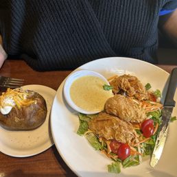 Crispy Chicken Tender Salad and Loaded Baked Potato W/ Bacon