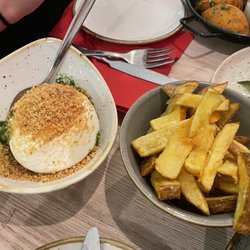 Olympique - Burrata on left; fries on right