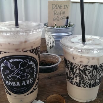 Boba Ave Express - Left- Large Size Lavender Milk Tea ($4.39 prior to tax). Right- Regular Size Almond Milk Tea ($3.89 prior to tax) - Bubble Tea Near Me - Arcadia, California