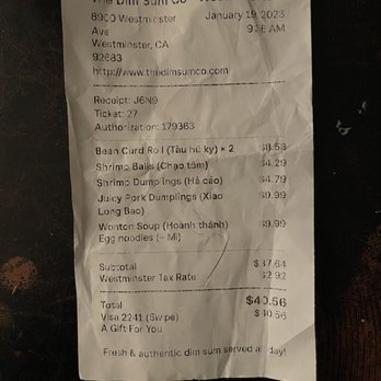 The Dim Sum - Receipt for items ordered - Dim Sum Near Me - Westminster, California The Dim Sum - Receipt for items ordered - Dim Sum Near Me - Westminster, California