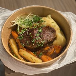 low cooked Beef- chuck tender beef, champ roasted veg Redwine thyme sauce low cooked Beef- chuck tender beef, champ roasted veg Redwine thyme sauce