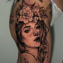 Woman With Wreath & butterfly Under Moon & Stars Black & Grey Portrait Tattoo By Rene Cristobal, A guest artist at Iron Palm Tattoos & Body