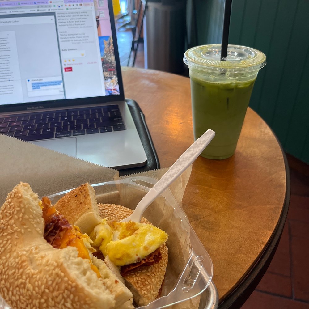 CJ Coffee House - Iced pistachio Matcha drink & sunrise bagel with bacon on sesame - Coffee & Tea Near Me - Orange, California CJ Coffee House - Iced pistachio Matcha drink & sunrise bagel with bacon on sesame - Coffee & Tea Near Me - Orange, California