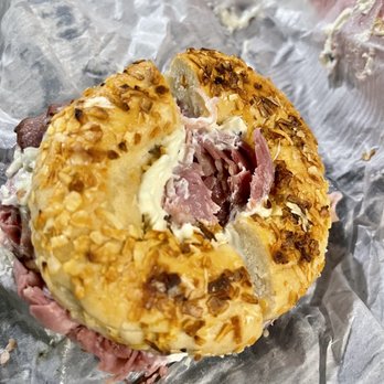 Siegel's Bagels - Montreal smoked meat on a onion bagel - Bagels Near Me - Vancouver, British Columbia