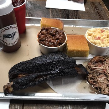 Hometown Bar-B-Que - This plate of food totaled $73 (1.4 lbs beef ribs, 0.5 lbs lamb belly and two sides plus corn bread).  Soda was an extra $3 - Barbeque Near Me - Brooklyn, New York