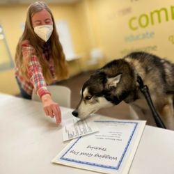 Wagging Good Dog Training - Ellen (the trainer) and a dog client looking at the after class handout