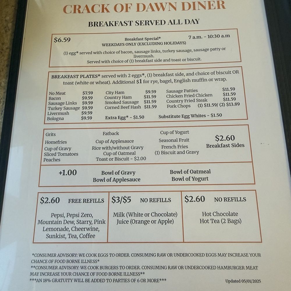 Crack Of Dawn Diner - Breakfast menu - Breakfast & Brunch Near Me - Concord, North Carolina Crack Of Dawn Diner - Breakfast menu - Breakfast & Brunch Near Me - Concord, North Carolina