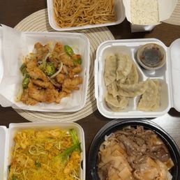 Lo mein, white rice, steamed dumpling, Singapore Style Rice Noodle, chow fun, Sweet & Sour Pork W Pineapple Lo mein, white rice, steamed dumpling, Singapore Style Rice Noodle, chow fun, Sweet & Sour Pork W Pineapple