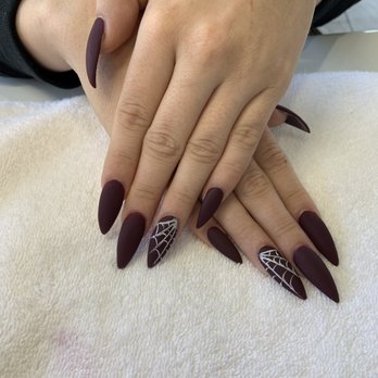 Nail Protection - Full acrylic set. Burgundy color Matte setting. Spiderweb detail for Halloween. - Nail Salons Near Me - Anaheim, California