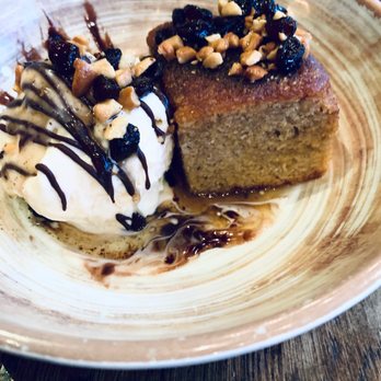 Village Social Kitchen & Bar - Juicy: (Delicious Flourless Almond-Date Cake W/ Rosé-Water Brown Butter+Raisins+Cashews) [& Vanilla Ice Cream Hubs Ate] - Salad Near Me - Mount Kisco, New York