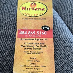 Nirvana Indian Bistro - Take out menu