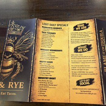 Agave & Rye - Lexington Square - Menu, side 1 -- June 2026 - Cocktail Bars Near Me - Lexington, Kentucky