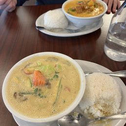 Yellow curry with extra veggies and red curry with tofu