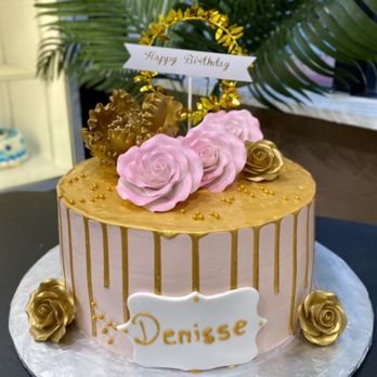 Bella Cakes - gold drip cake with beautiful sugar flowers and fondant sign!. - Bakeries Near Me - Everett, Massachusetts