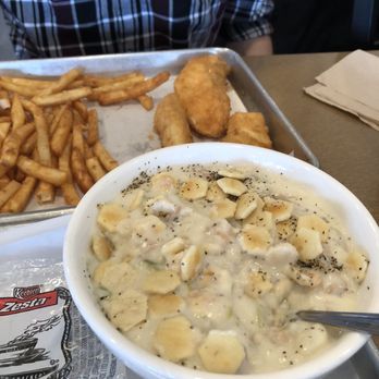 Burien Fish House - Bowl of clam chowder & Captain's Platter in the back - Seafood Near Me - Burien, Washington
