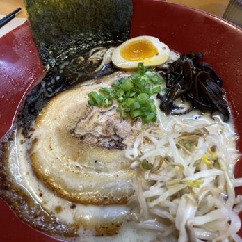 Kami Ramen - KUROMAYU RAMEN- RICH PORK BONE BROTH. TOPPED W CHASU PORK. HALF EGG. BEAN SPROUT. NEGI. NORI & BLACK GARLIC OIL. Added woodear mushrooms - Ramen Near Me - Anchorage, Alaska
